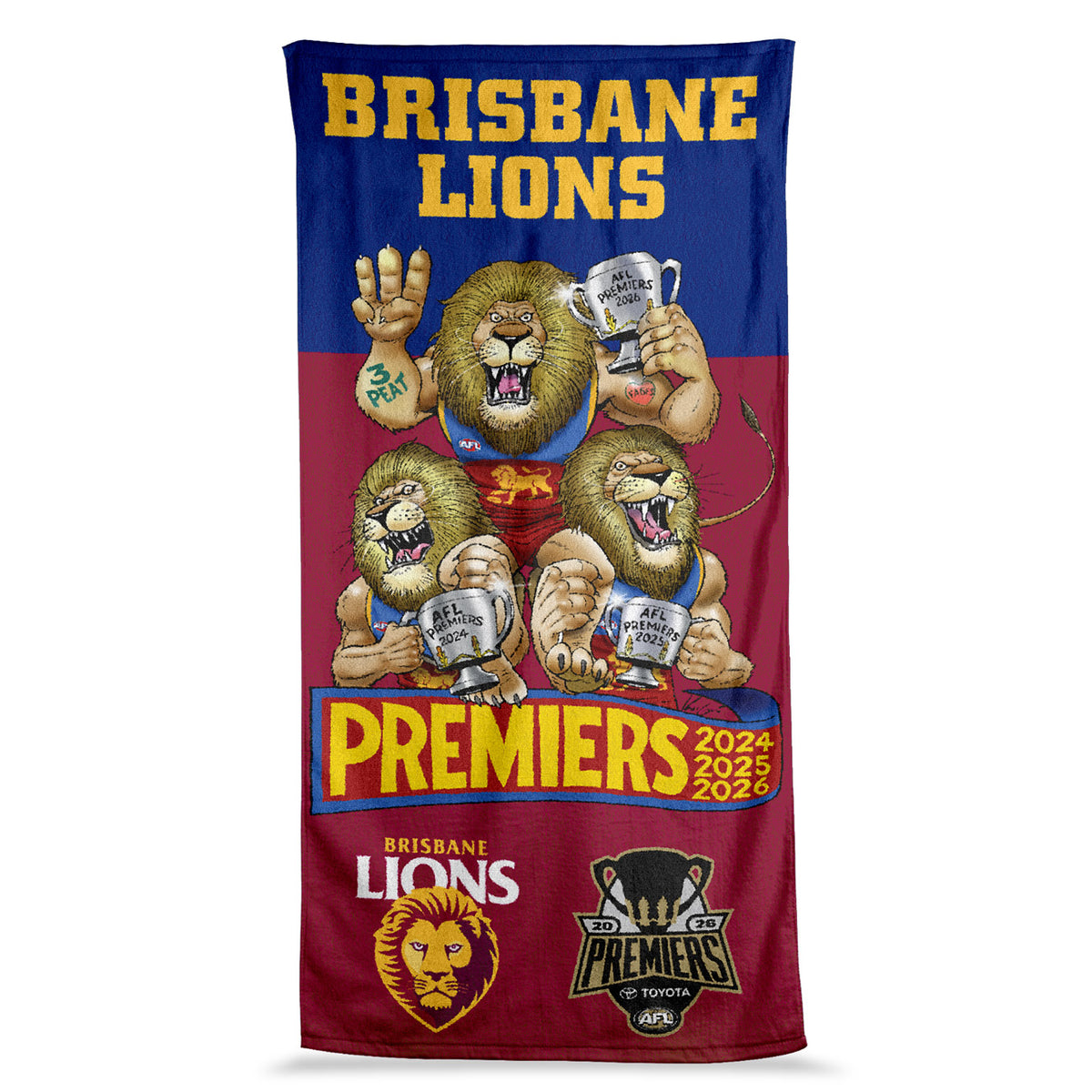 Brisbane Lions 2026 Premiers Caricature Beach Towel (Pre Order)