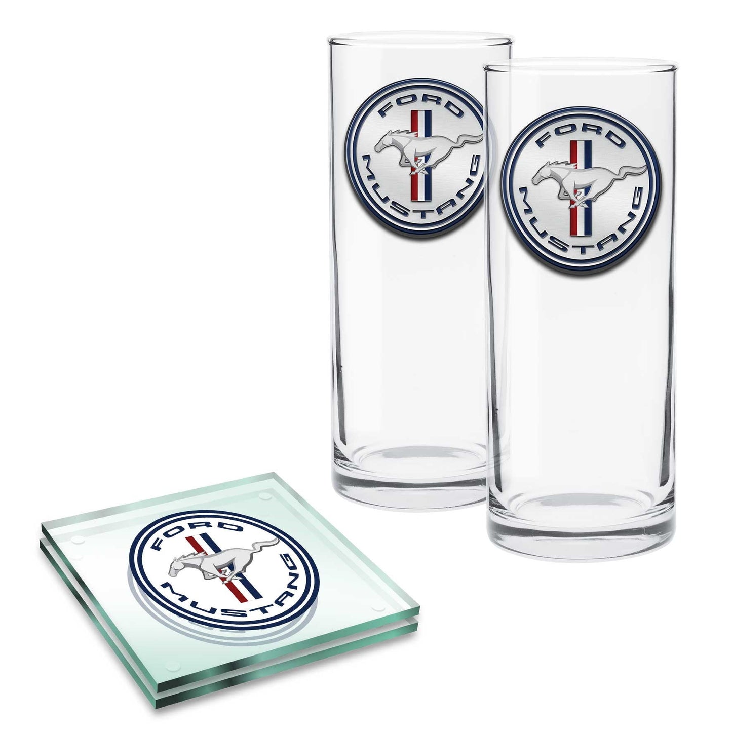 Ford Mustang Set of 2 Highball Glasses and Glass Coasters