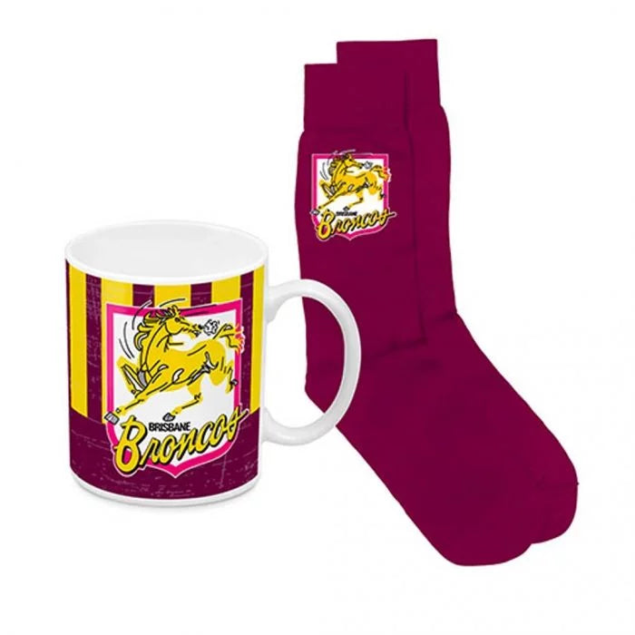 STOCKTAKE SALE Brisbane Broncos Heritage Mug and Sock Gift Pack