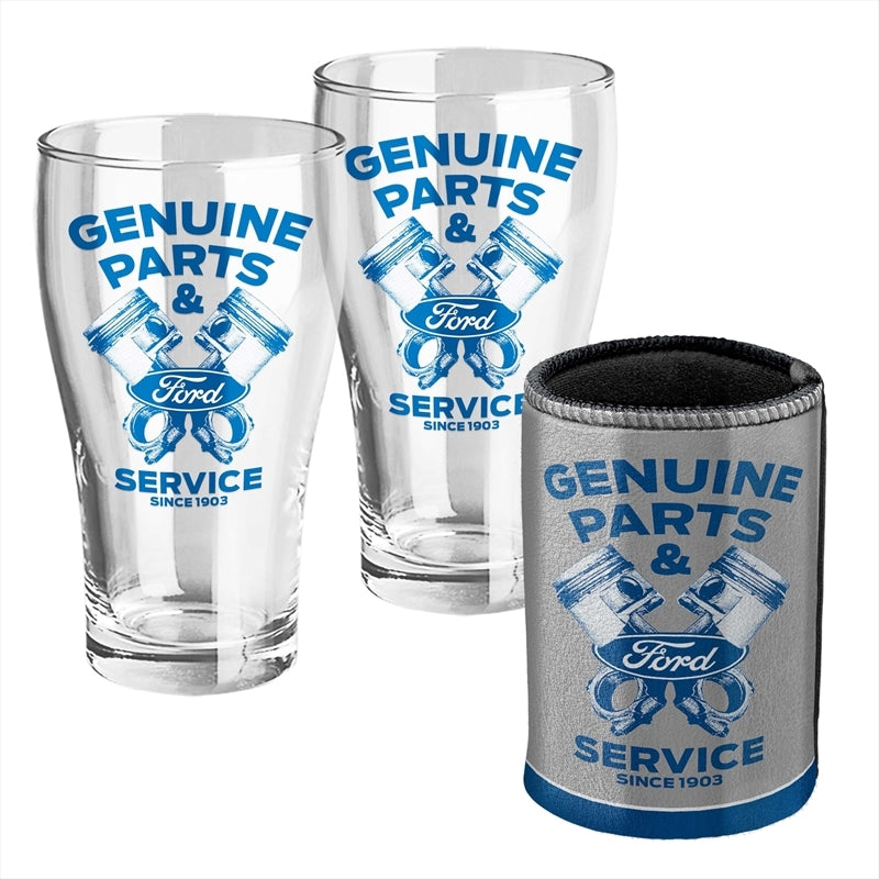 FORD Heritage Set 2 Schooner Glasses and one Metallic Can Cooler Gift Pack