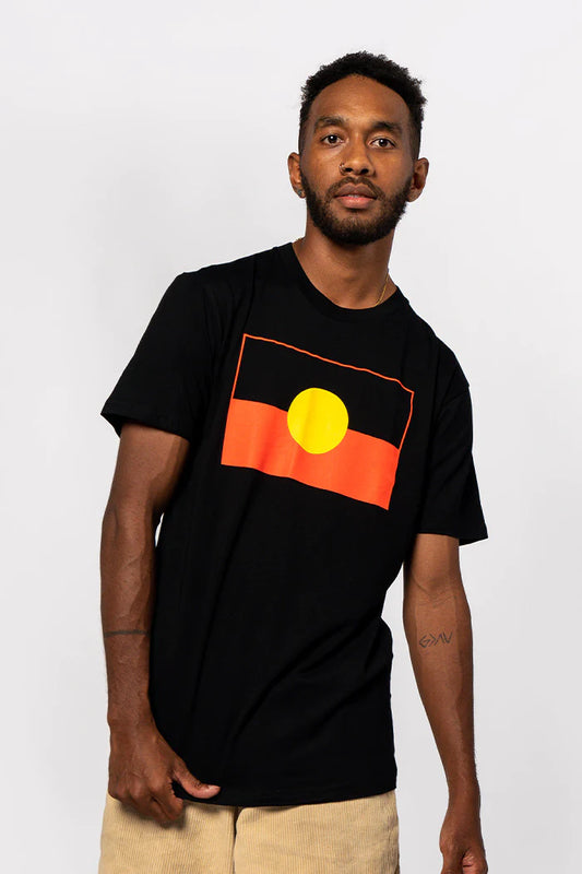 ‘Raise the Flag’ Aboriginal Flag Black Cotton Crew Neck Unisex T-Shirt