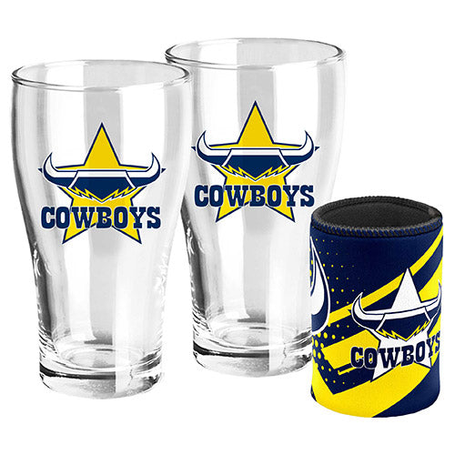 North Queensland Cowboys NRL Set of 2 Pint Beer Glasses with Neoprene Can Cooler Stubby Holder