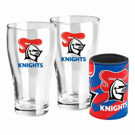 Newcastle Knights Set of 2 Pint Glasses & Can Cooler