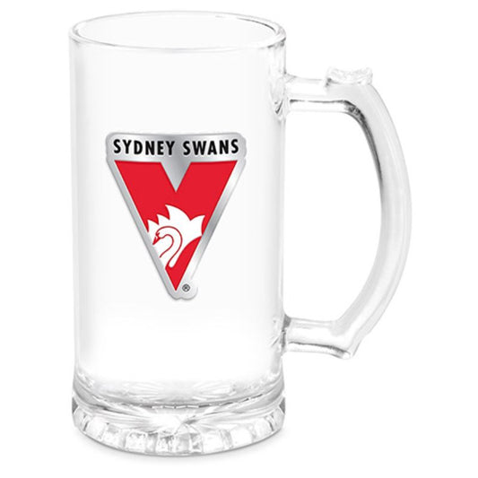 Sydney Swans AFL Glass Stein With Metal Badge 500ml