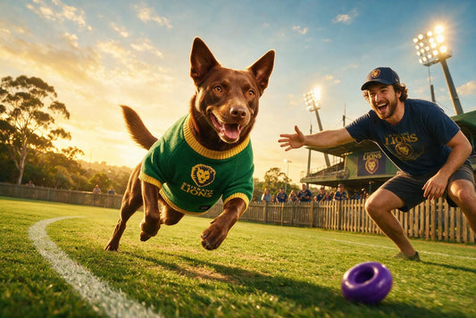 Professional header image for list-based article: Brisbane Lions Dog Jumper: Sizes, Styles and Everything L...