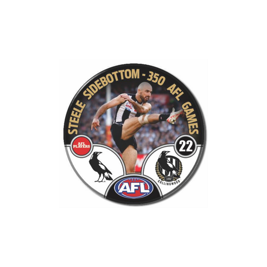 IN Store Now                        AFL Collingwood Steele Sidebottom 350th  Game Limited-Edition 2025 Commemorative Badge