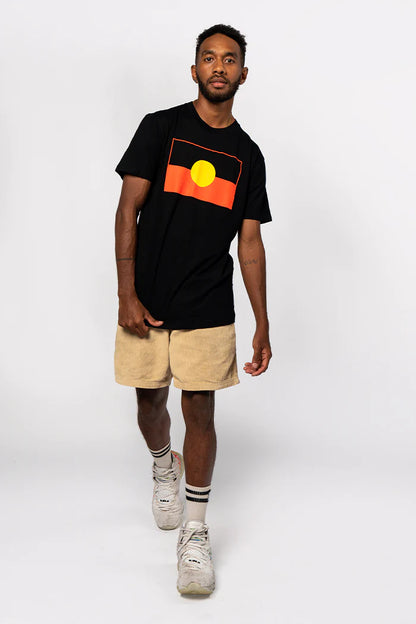 ‘Raise the Flag’ Aboriginal Flag Black Cotton Crew Neck Unisex T-Shirt